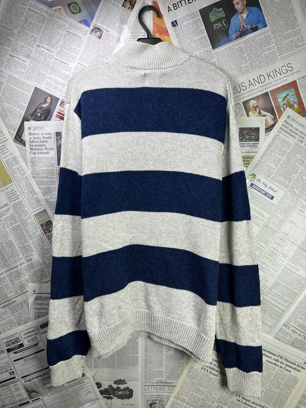 CHAPS® Large | Chest: 24" | Beige & Blue | Knit Quarter Zip Sweater | Cotton | 1836 - Genuine Maal