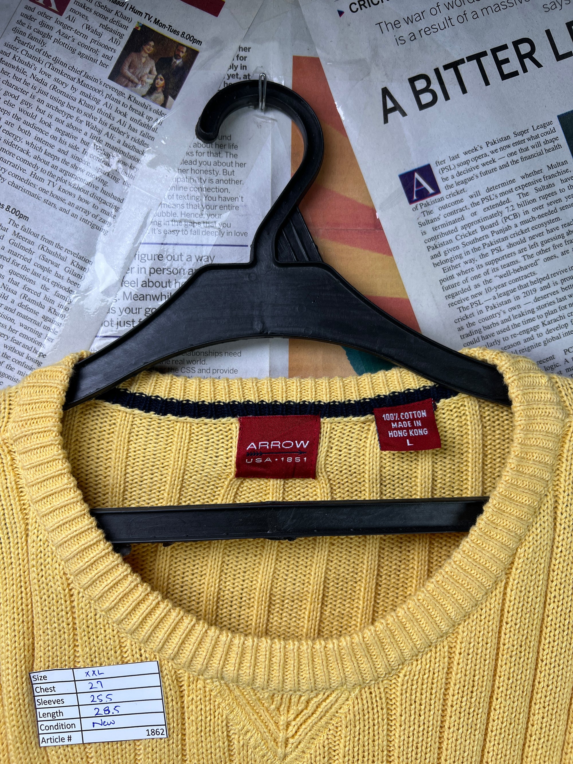 Arrow® XXL | Chest: 27" | Yellow | Knit Sweater | Cotton | 1862 - Genuine Maal