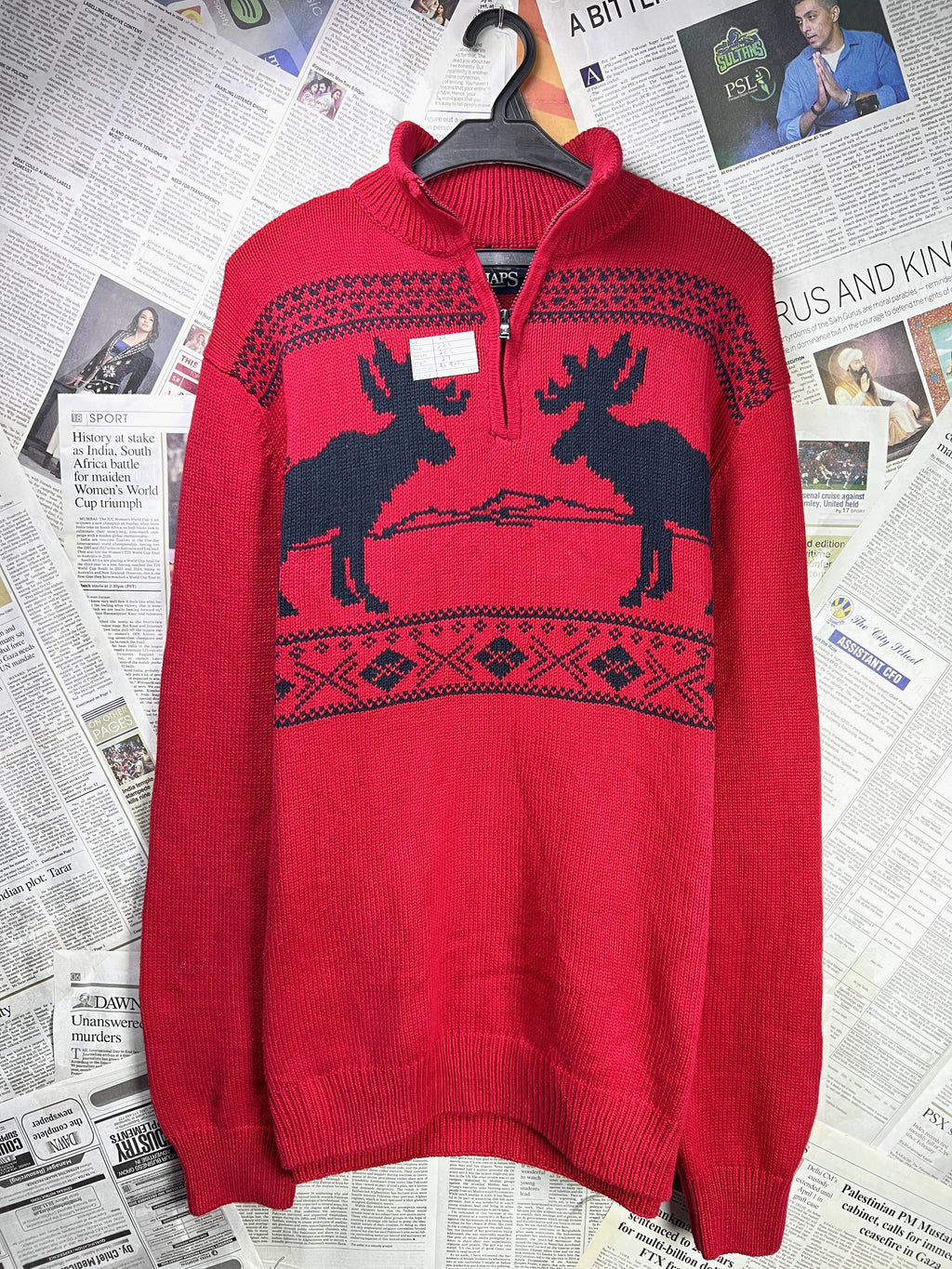 CHAPS® Medium | Chest: 22.5" | Red | Knit Quarter Zip Sweater | Cotton | 1928 - Genuine Maal