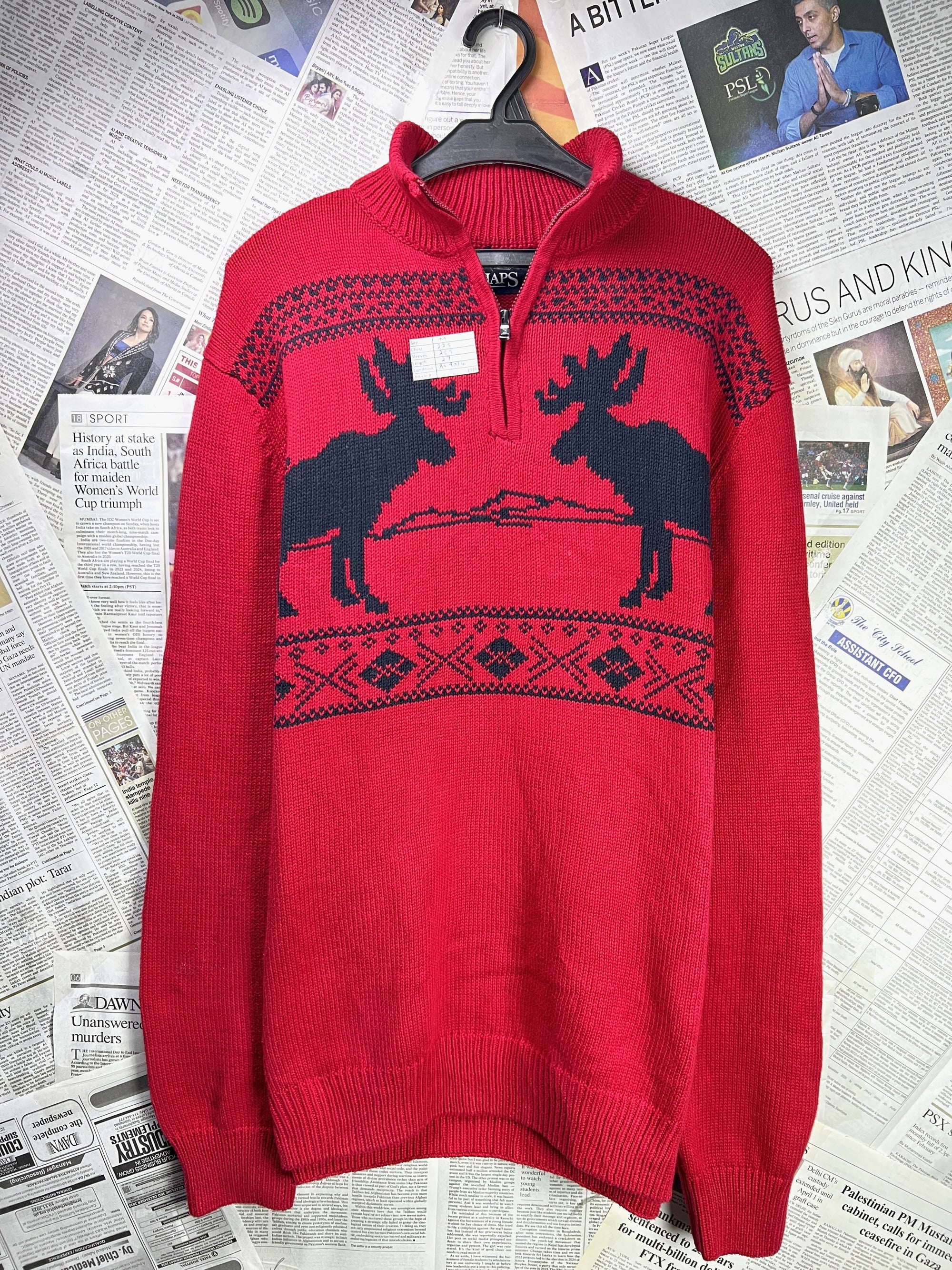 CHAPS® Medium | Chest: 22.5" | Red | Knit Quarter Zip Sweater | Cotton | 1928 - Genuine Maal