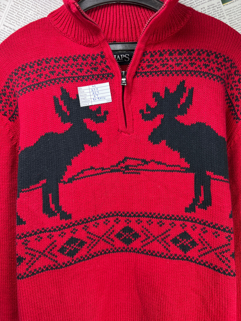 CHAPS® Medium | Chest: 22.5" | Red | Knit Quarter Zip Sweater | Cotton | 1928 - Genuine Maal