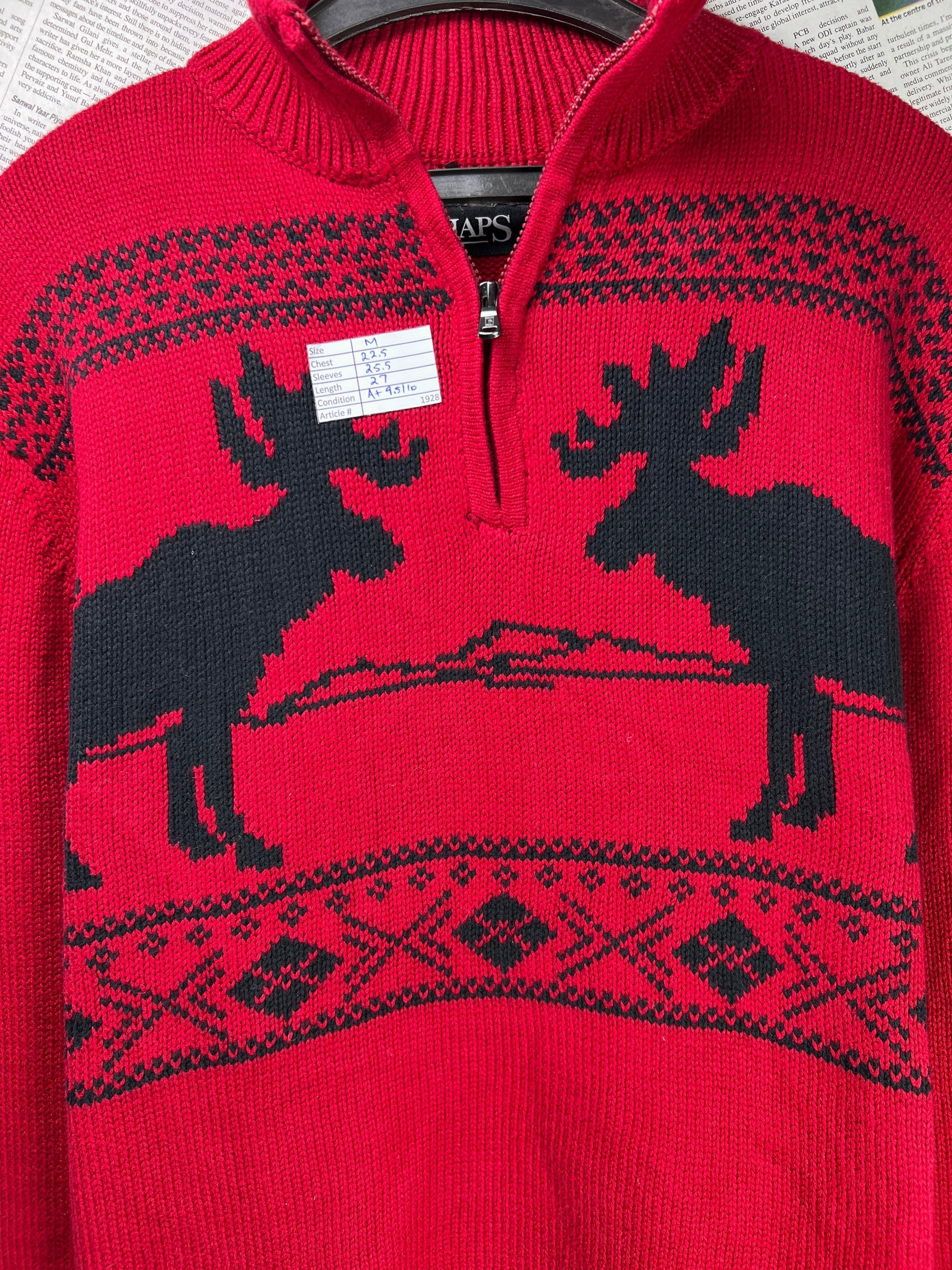 CHAPS® Medium | Chest: 22.5" | Red | Knit Quarter Zip Sweater | Cotton | 1928 - Genuine Maal