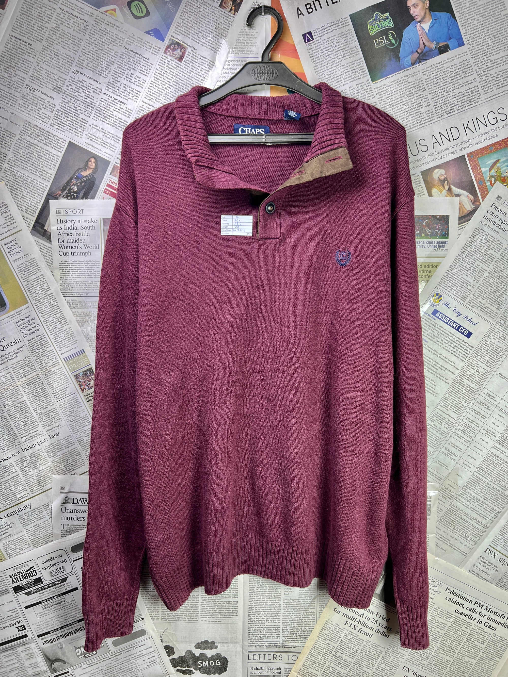 CHAPS® XL | Chest: 25.5" | Burgundy | Knit Quarter Zip Sweater | Cotton | 1927 - Genuine Maal