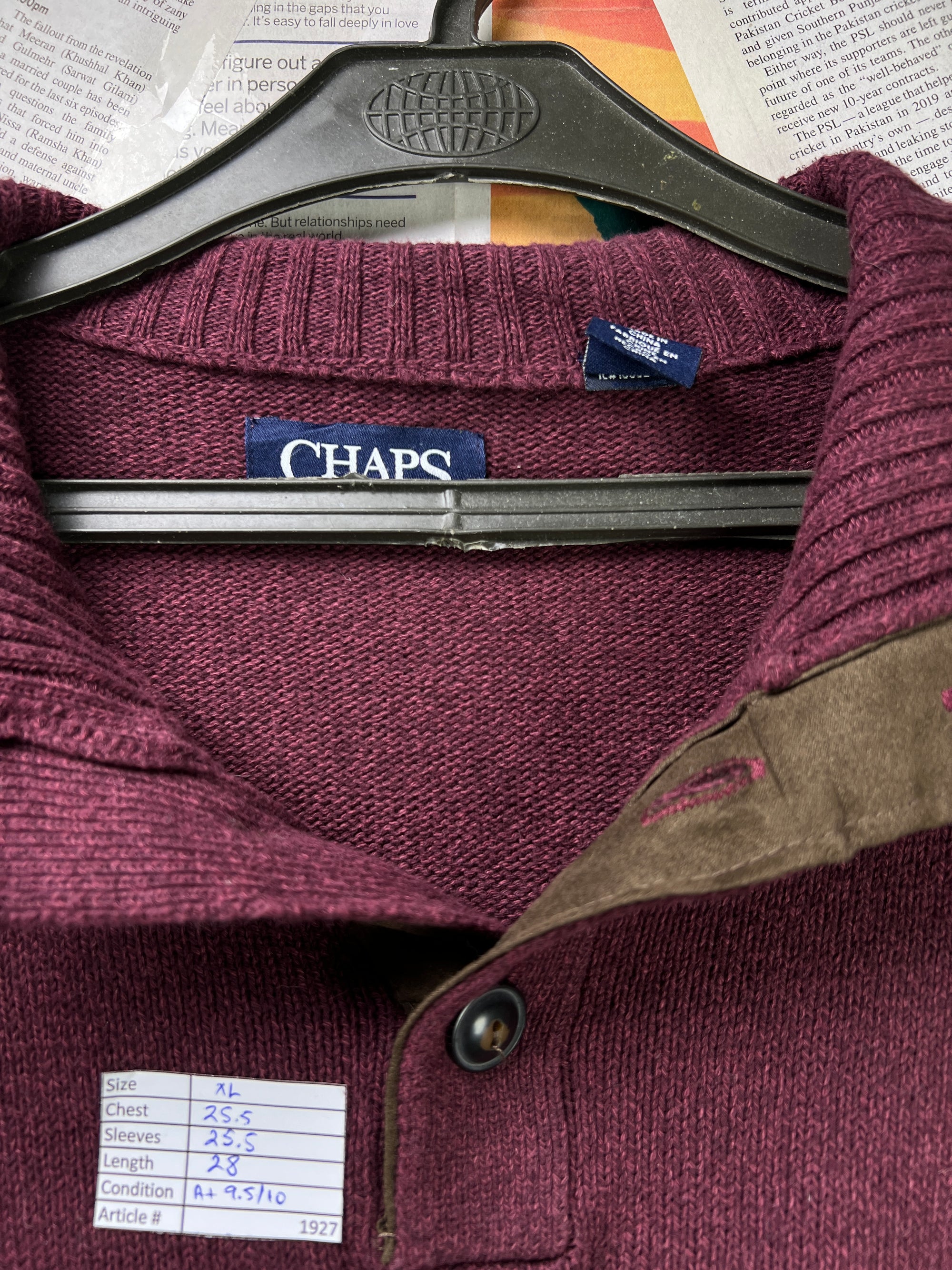 CHAPS® XL | Chest: 25.5" | Burgundy | Knit Quarter Zip Sweater | Cotton | 1927 - Genuine Maal