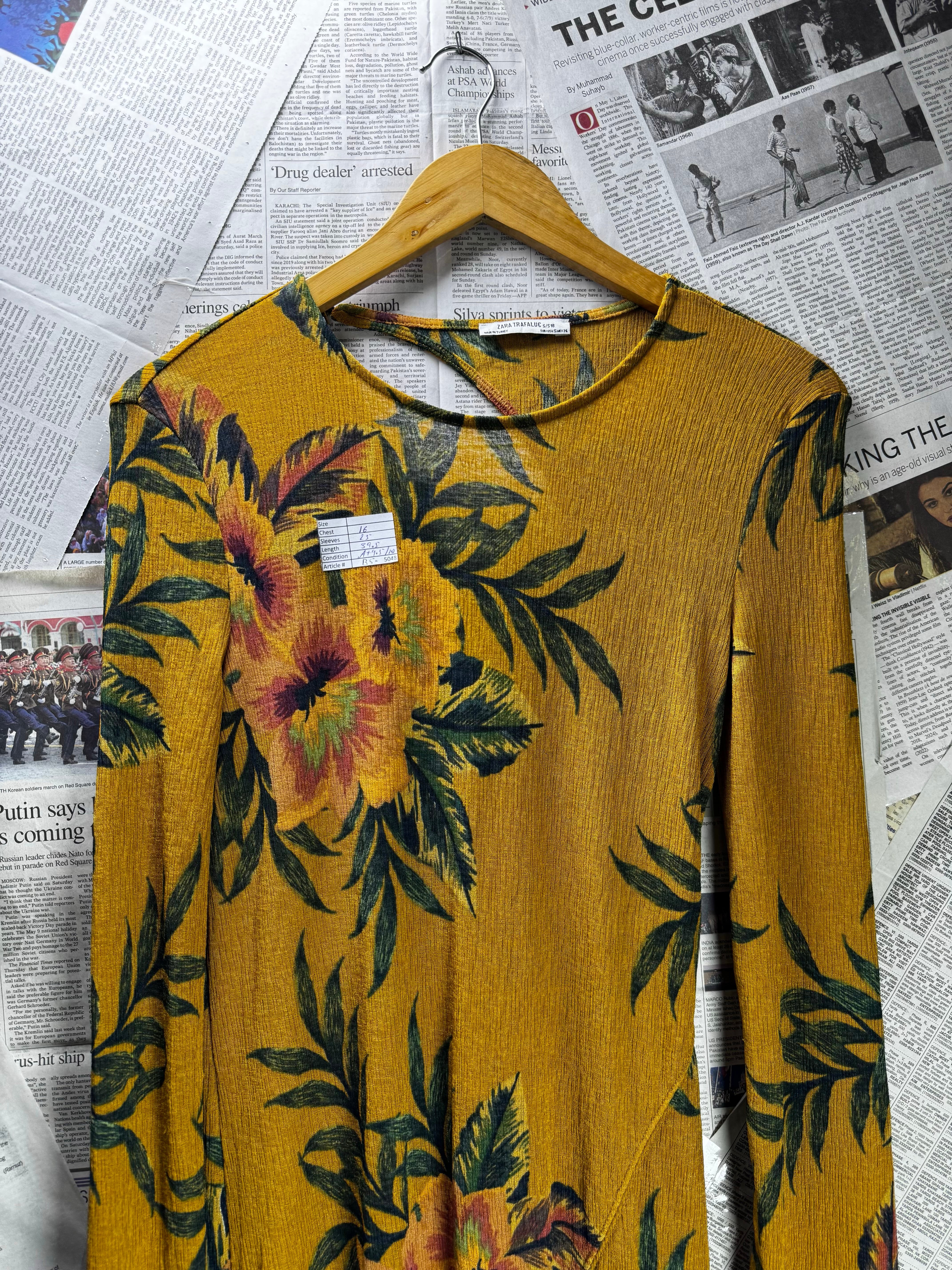 Zara® XS | Bust: 16" | Floral Print Mustard Yellow | Midi Dress | B5 - 5048 - Genuine Maal