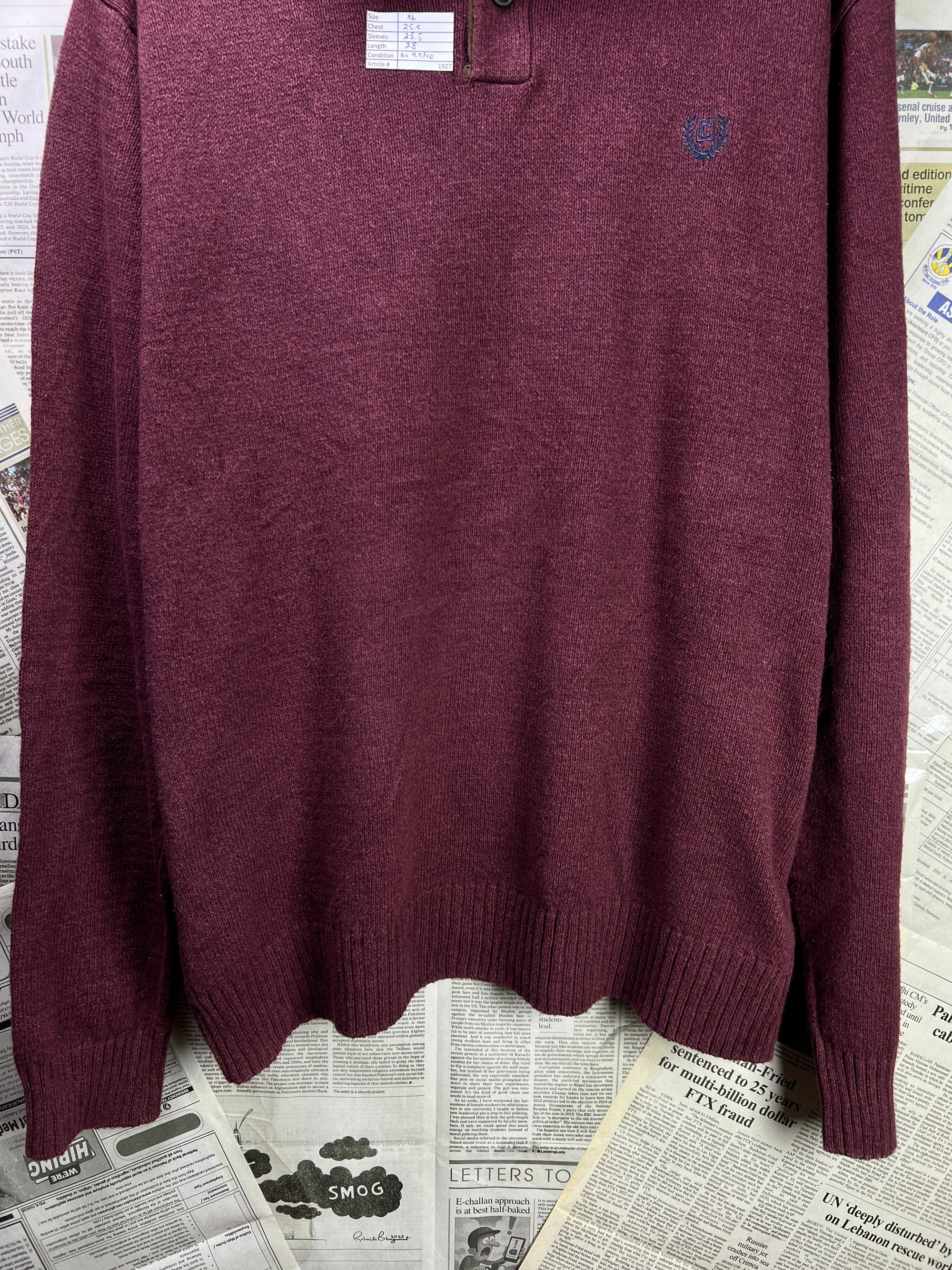 CHAPS® XL | Chest: 25.5" | Burgundy | Knit Quarter Zip Sweater | Cotton | 1927 - Genuine Maal
