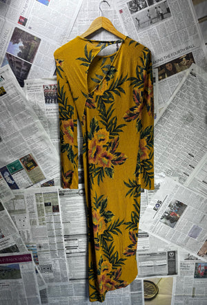 Zara® XS | Bust: 16" | Floral Print Mustard Yellow | Midi Dress | B5 - 5048 - Genuine Maal