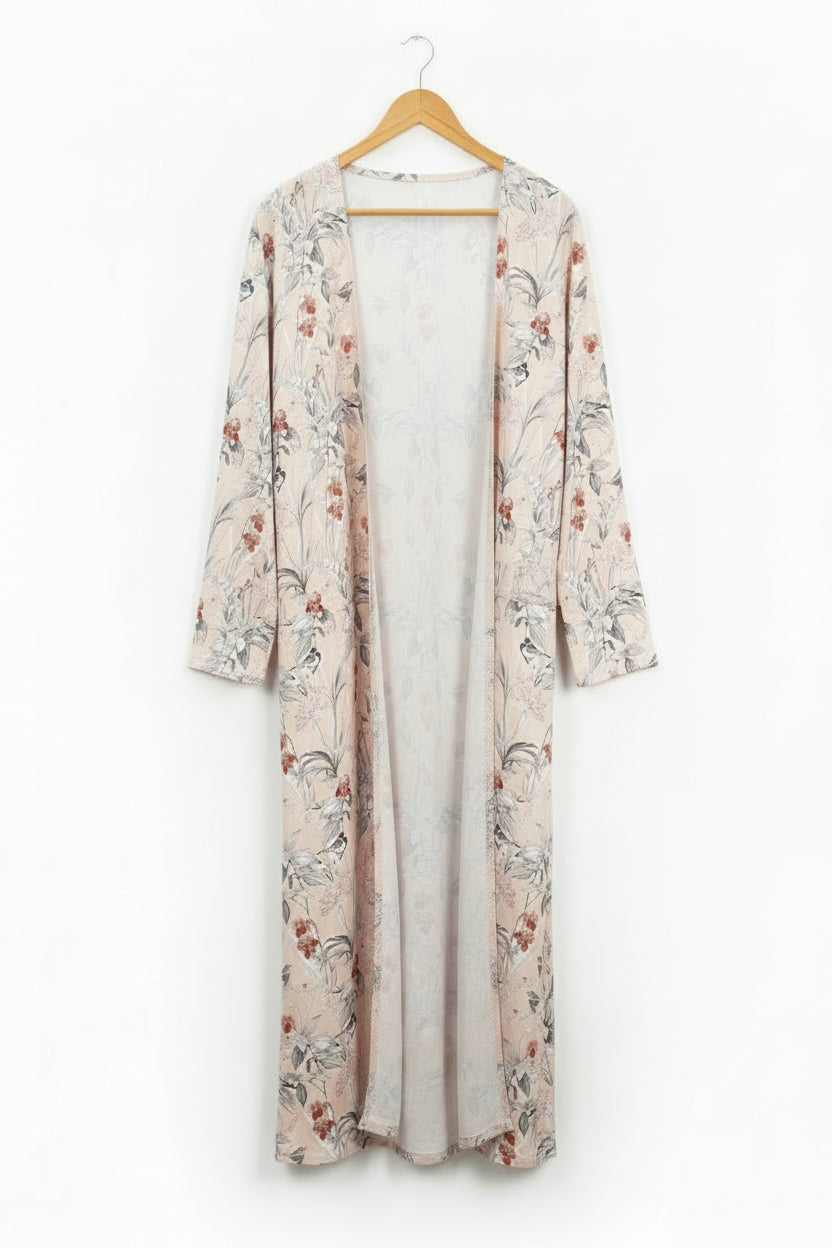 ® XXL | Bust: 25" | Scenic Botanical & Wildlife Print Light Blush Pink | Cardigan Maxi Dress | B5 - 5442 - Genuine Maal