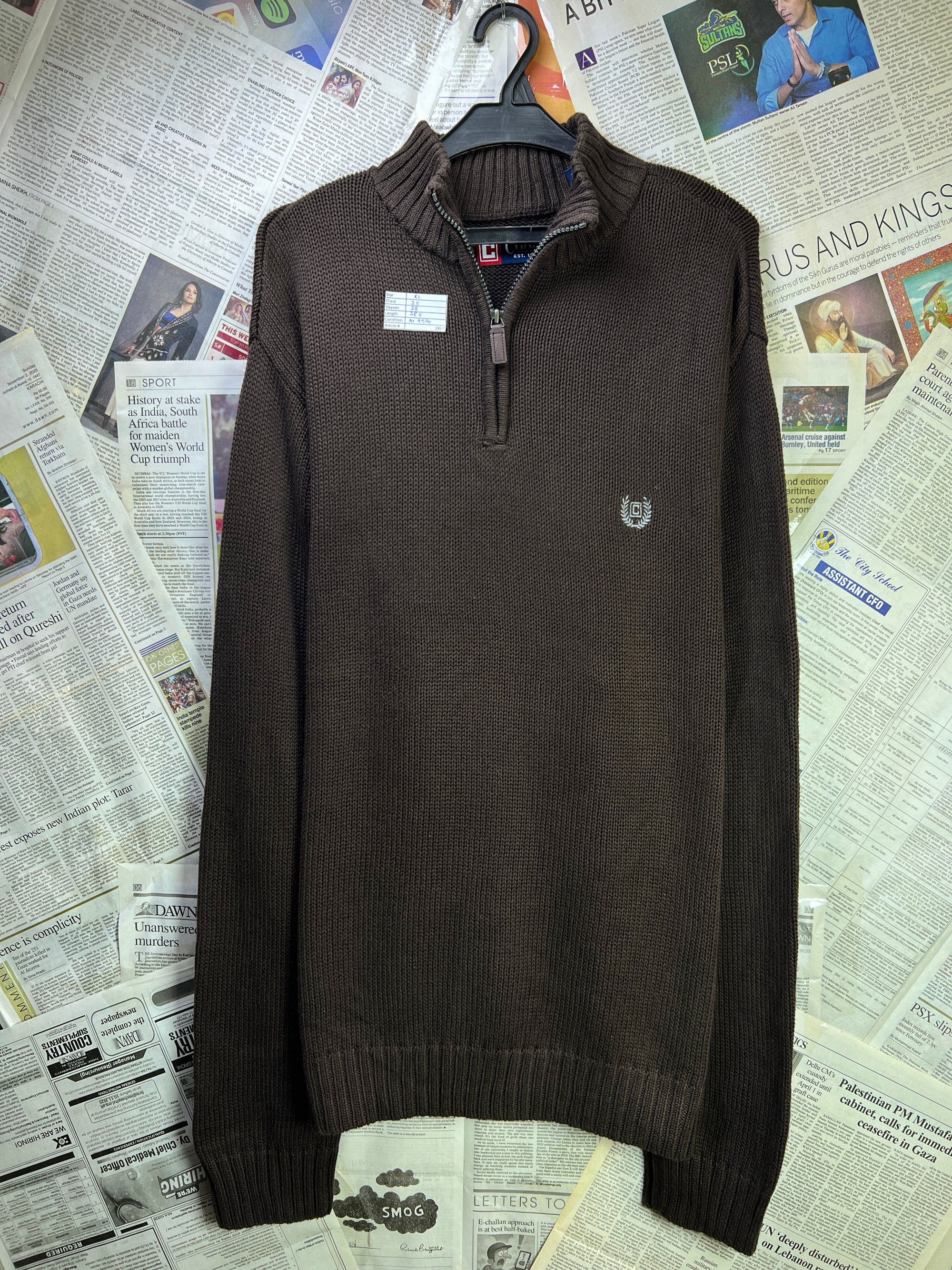 CHAPS® XL | Chest: 25" | Dark Brown | Knit Quarter Zip Sweater | Cotton | 1867 - Genuine Maal
