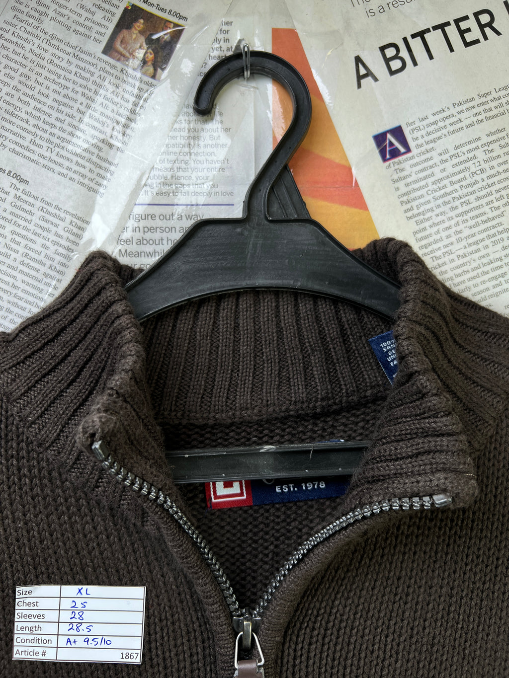 CHAPS® XL | Chest: 25" | Dark Brown | Knit Quarter Zip Sweater | Cotton | 1867 - Genuine Maal