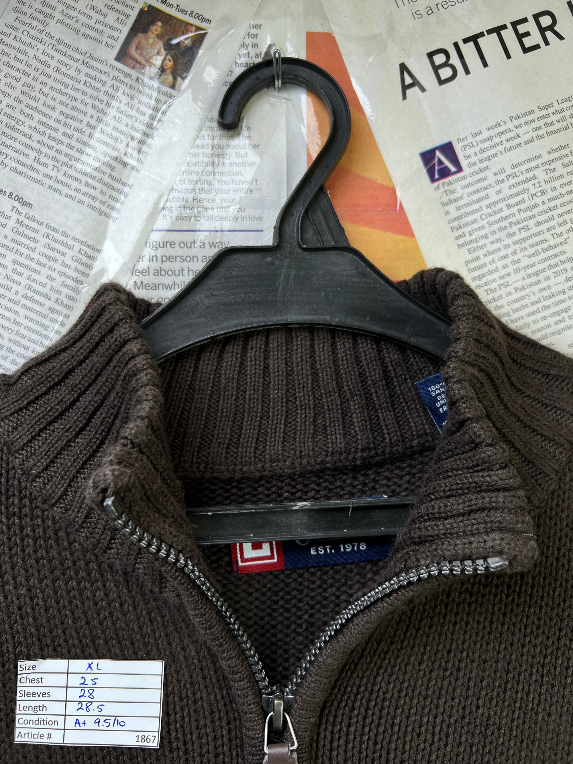 CHAPS® XL | Chest: 25" | Dark Brown | Knit Quarter Zip Sweater | Cotton | 1867 - Genuine Maal