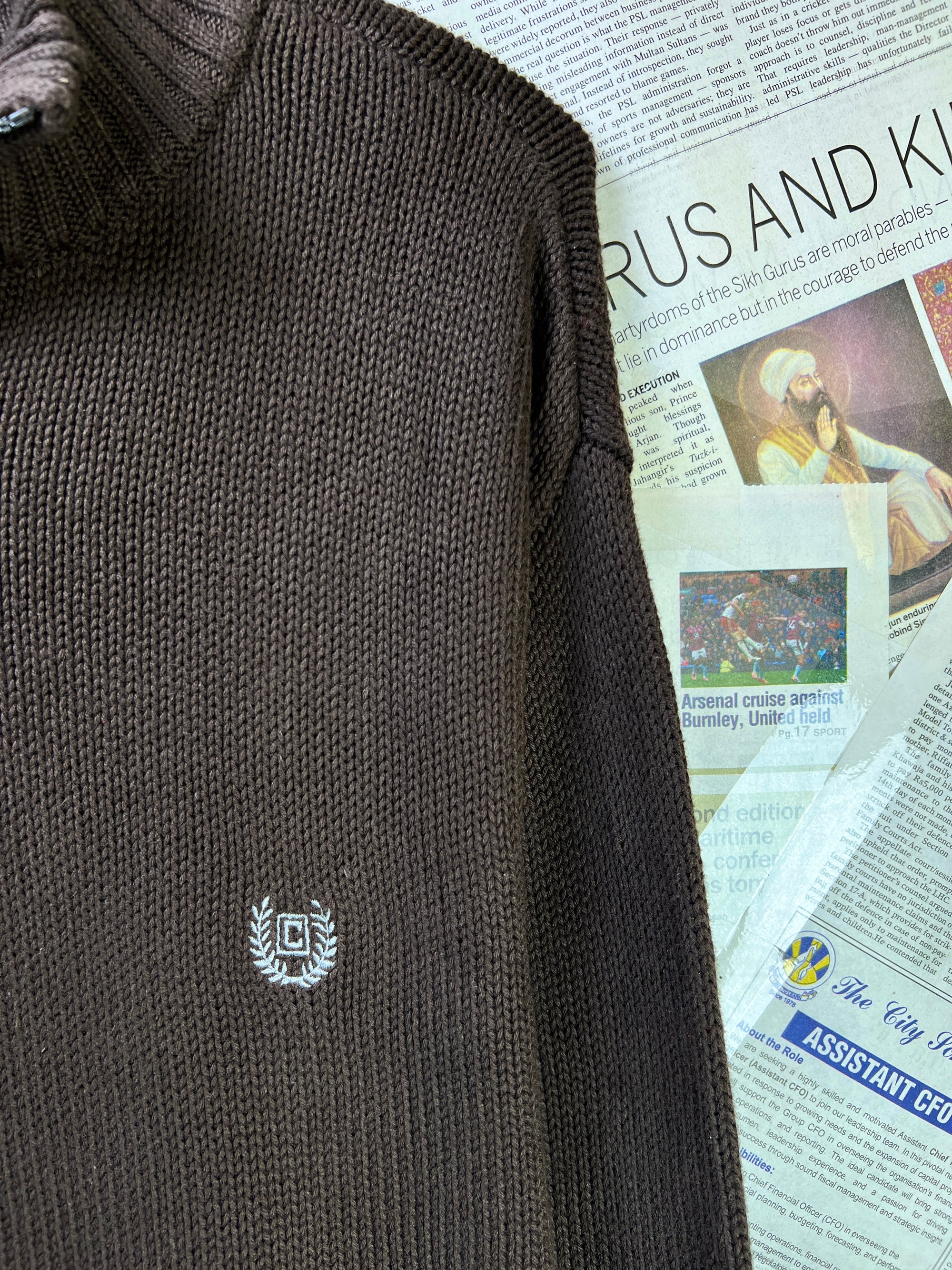 CHAPS® XL | Chest: 25" | Dark Brown | Knit Quarter Zip Sweater | Cotton | 1867 - Genuine Maal