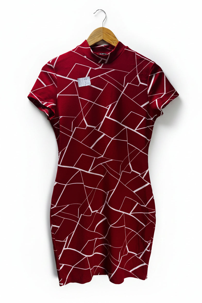 Shein® Small | Bust: 17.5" | Fractured Mosaic Rich Brick Red | Mini Dress | B6 - 5384 - Genuine Maal