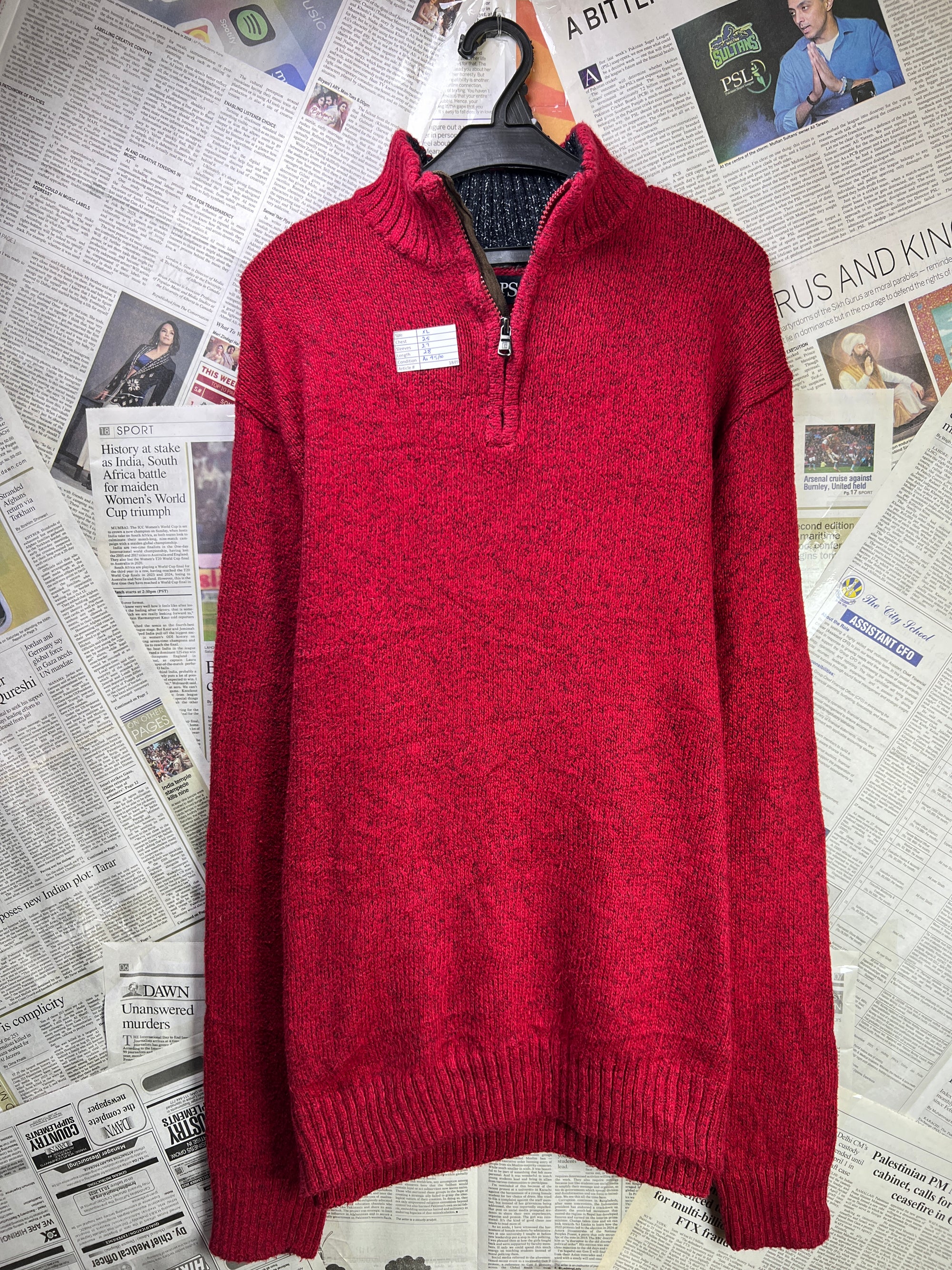 CHAPS® XL | Chest: 25" | Red | Knit Quarter Zip Sweater | Cotton - Poly | 1849 - Genuine Maal