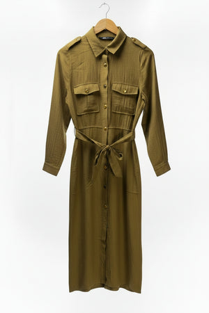 Zara® Medium | Bust: 19" | Crinkled Olive Green | Midi Dress | B6 - 5245 - Genuine Maal