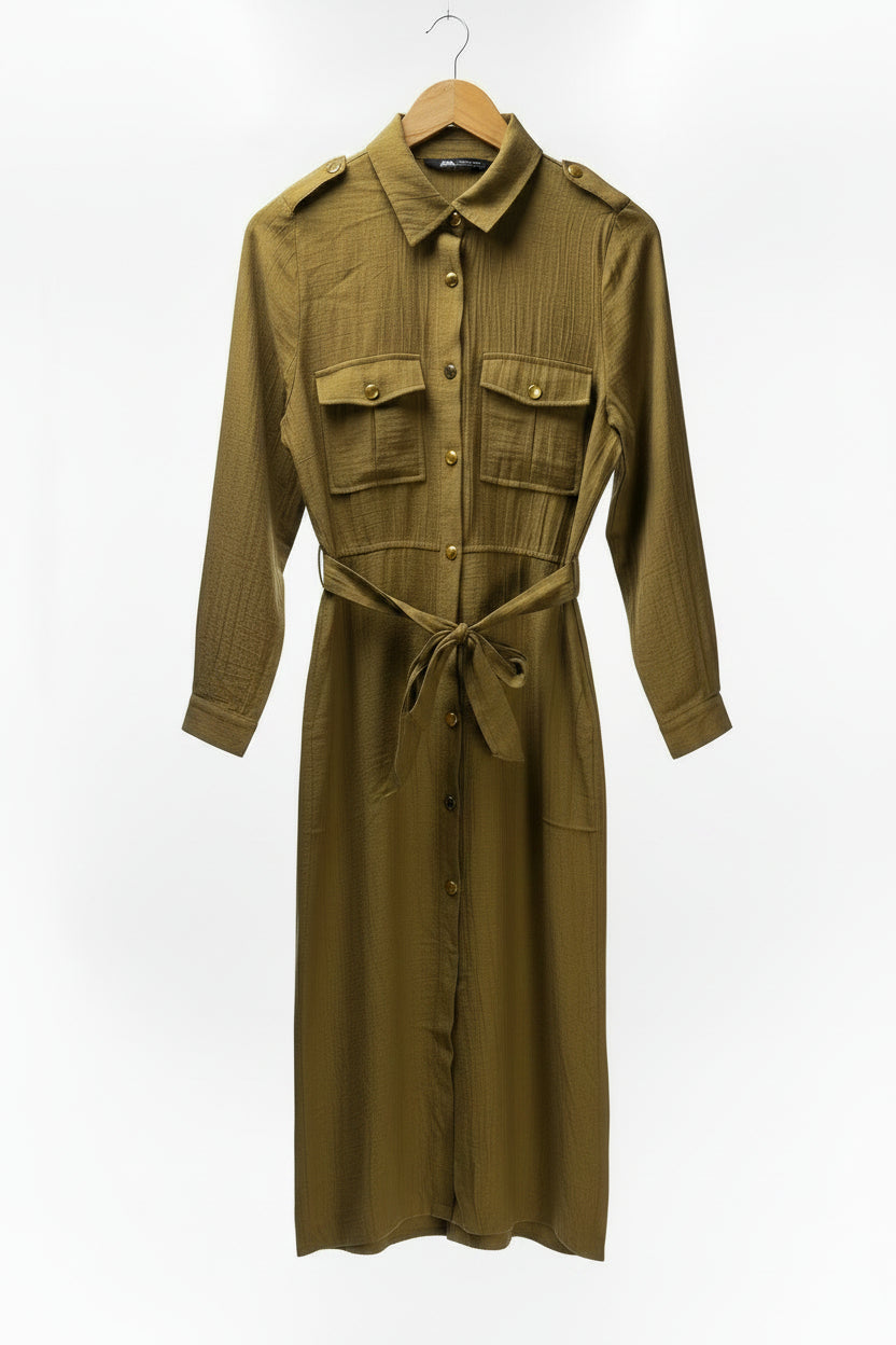 Zara® Medium | Bust: 19" | Crinkled Olive Green | Midi Dress | B6 - 5245 - Genuine Maal