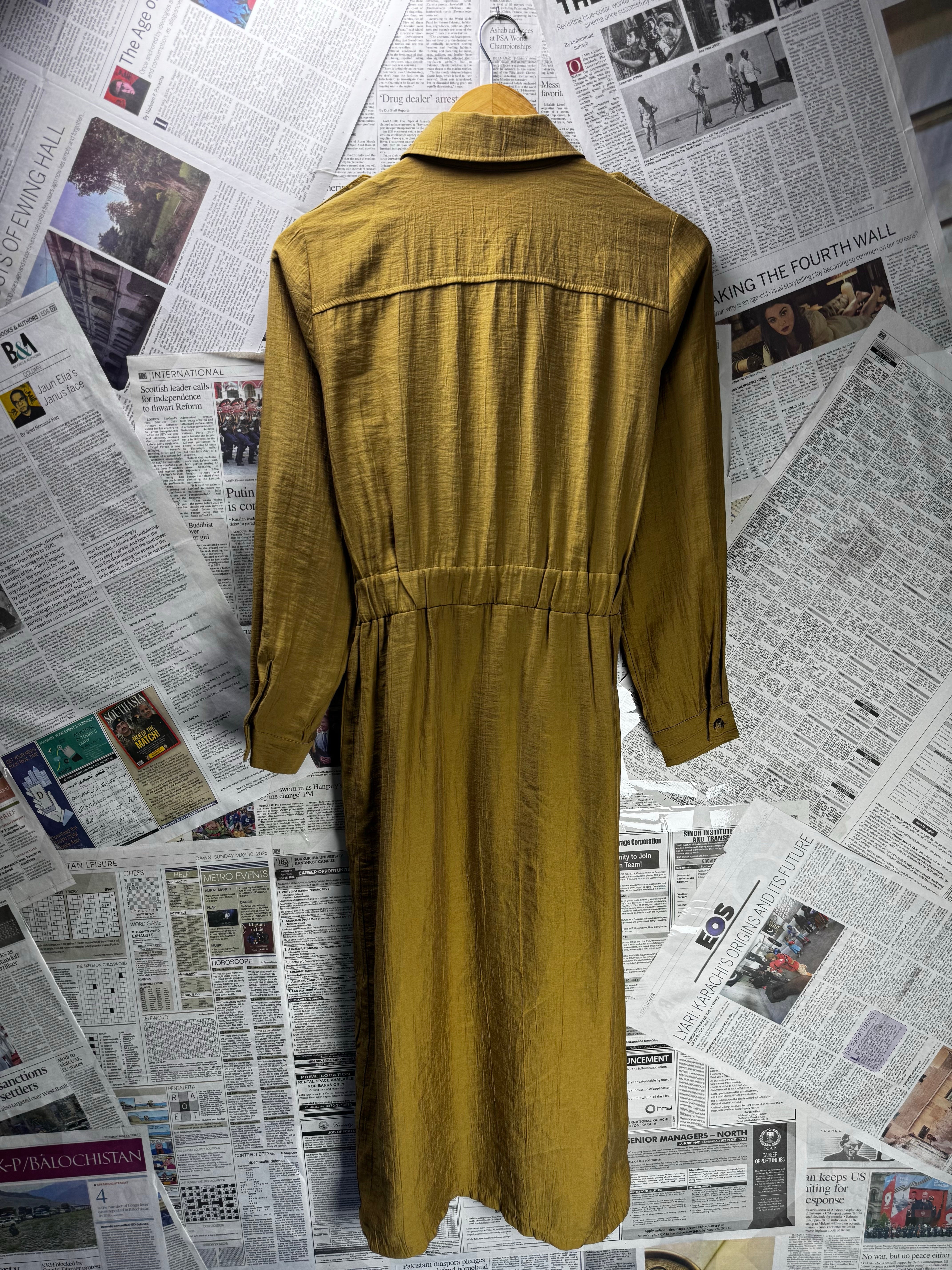 Zara® Medium | Bust: 19" | Crinkled Olive Green | Midi Dress | B6 - 5245 - Genuine Maal