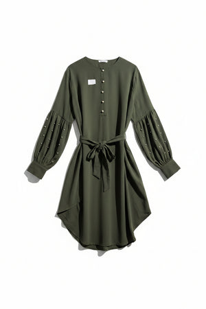 Monica Fashion® XXL | Bust: 24.5" | Crinkled Solid Olive Green | Midi Dress | B6 - 5475 - Genuine Maal