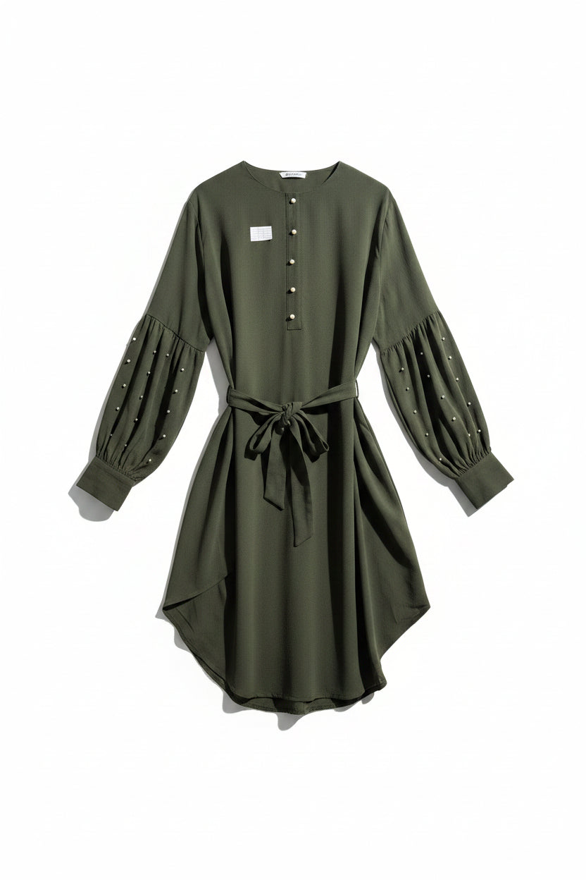Monica Fashion® XXL | Bust: 24.5" | Crinkled Solid Olive Green | Midi Dress | B6 - 5475 - Genuine Maal
