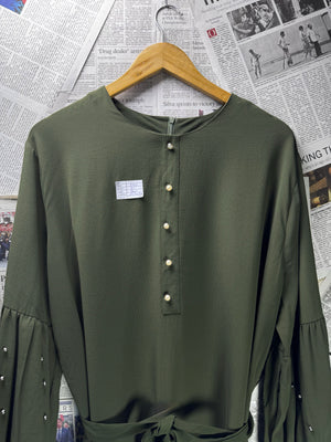 Monica Fashion® XXL | Bust: 24.5" | Crinkled Solid Olive Green | Midi Dress | B6 - 5475 - Genuine Maal