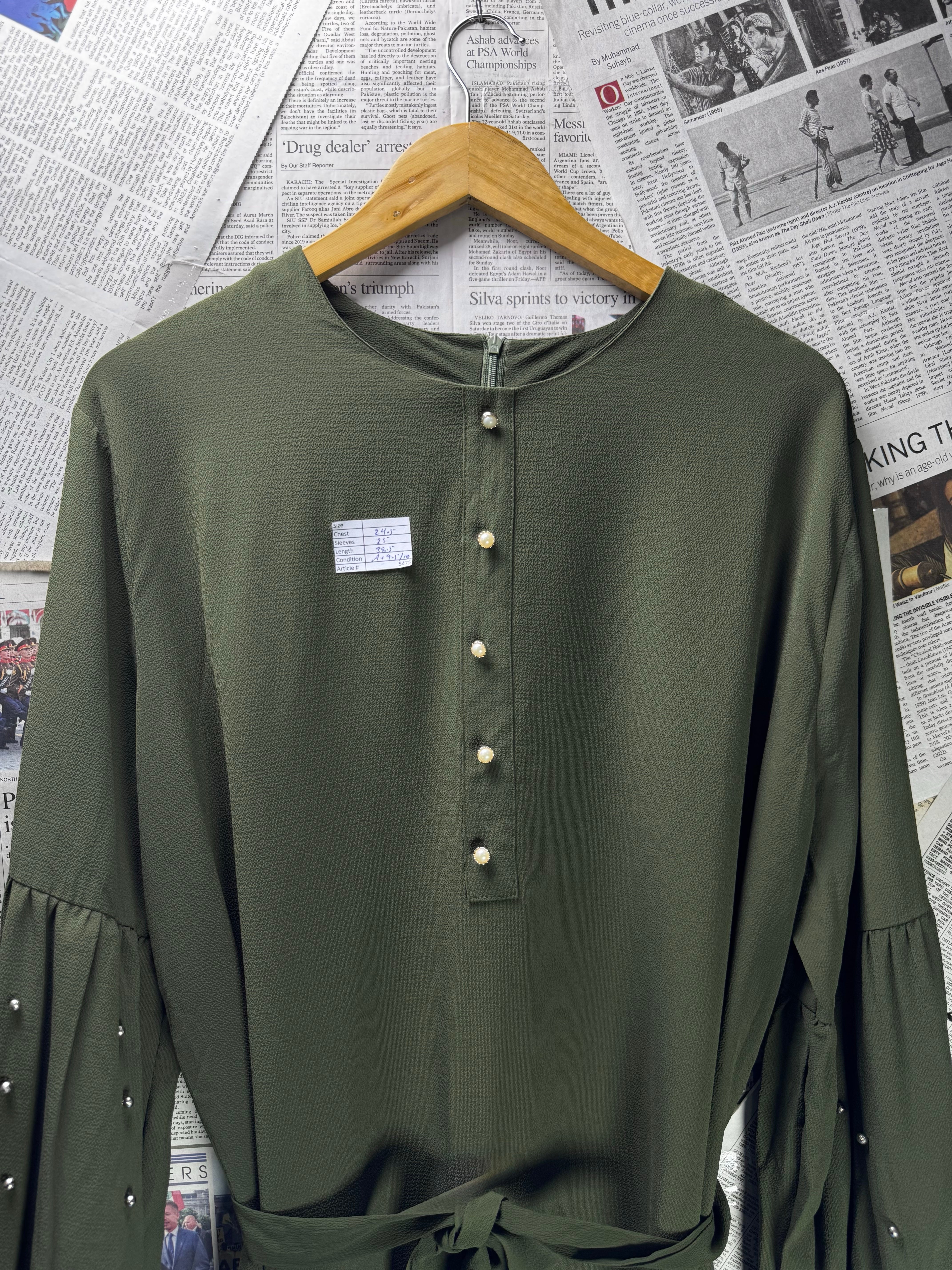 Monica Fashion® XXL | Bust: 24.5" | Crinkled Solid Olive Green | Midi Dress | B6 - 5475 - Genuine Maal