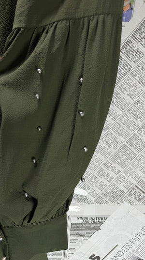 Monica Fashion® XXL | Bust: 24.5" | Crinkled Solid Olive Green | Midi Dress | B6 - 5475 - Genuine Maal