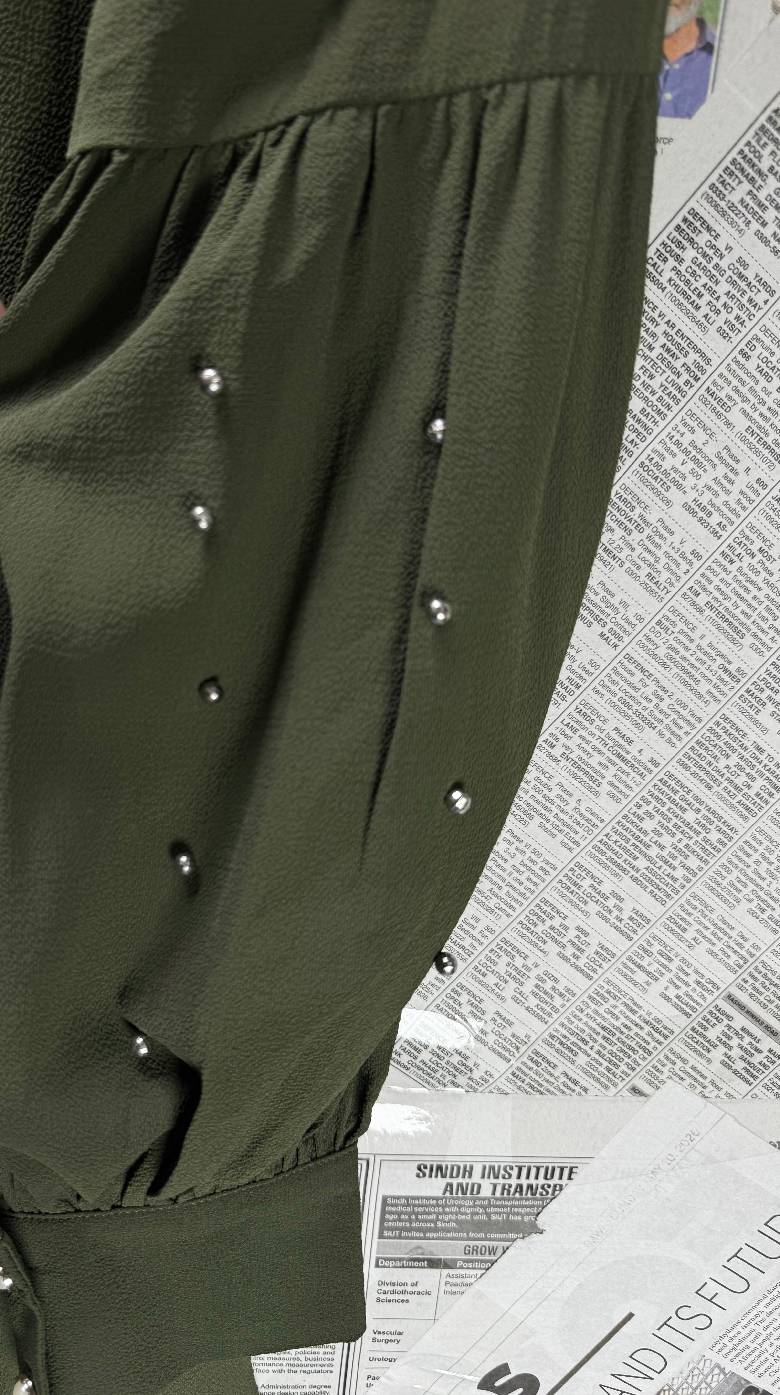 Monica Fashion® XXL | Bust: 24.5" | Crinkled Solid Olive Green | Midi Dress | B6 - 5475 - Genuine Maal
