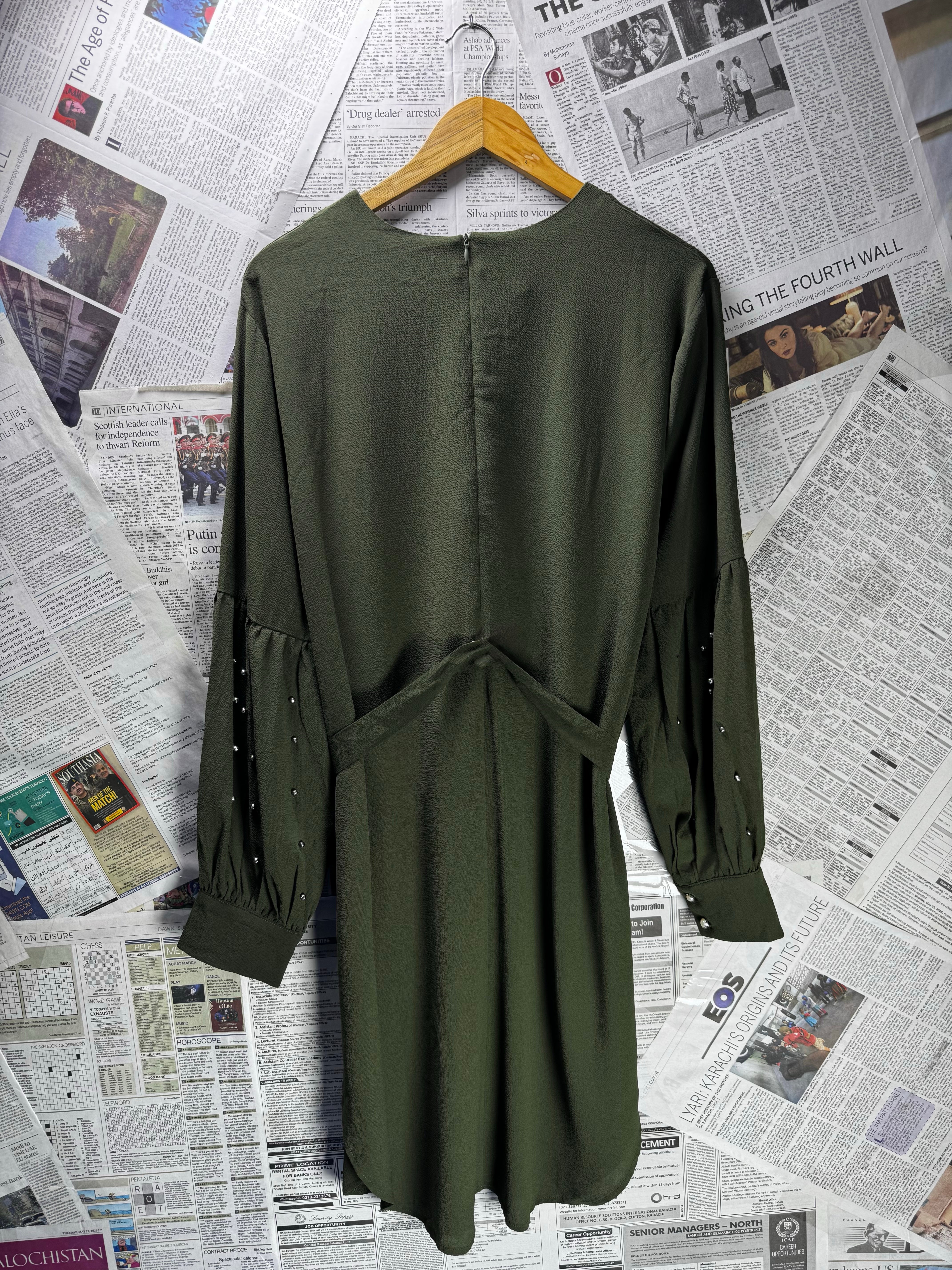 Monica Fashion® XXL | Bust: 24.5" | Crinkled Solid Olive Green | Midi Dress | B6 - 5475 - Genuine Maal