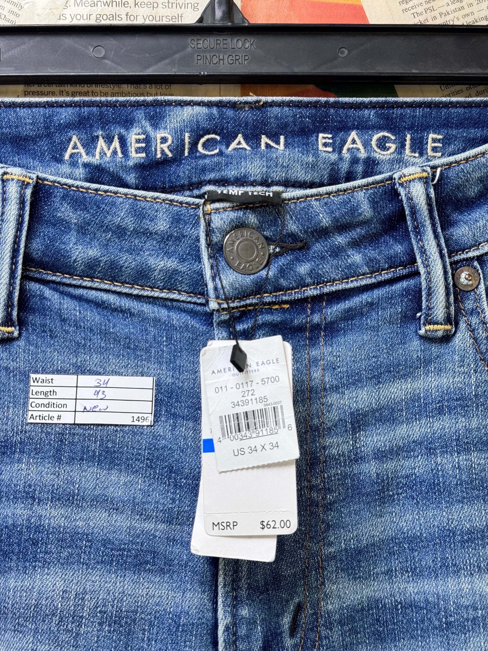 Americ*n Eagle® Waist: 34" | Blue | Slim Fit Denim Pants | Cotton - Poly - Elastane | 1496 - Genuine Maal