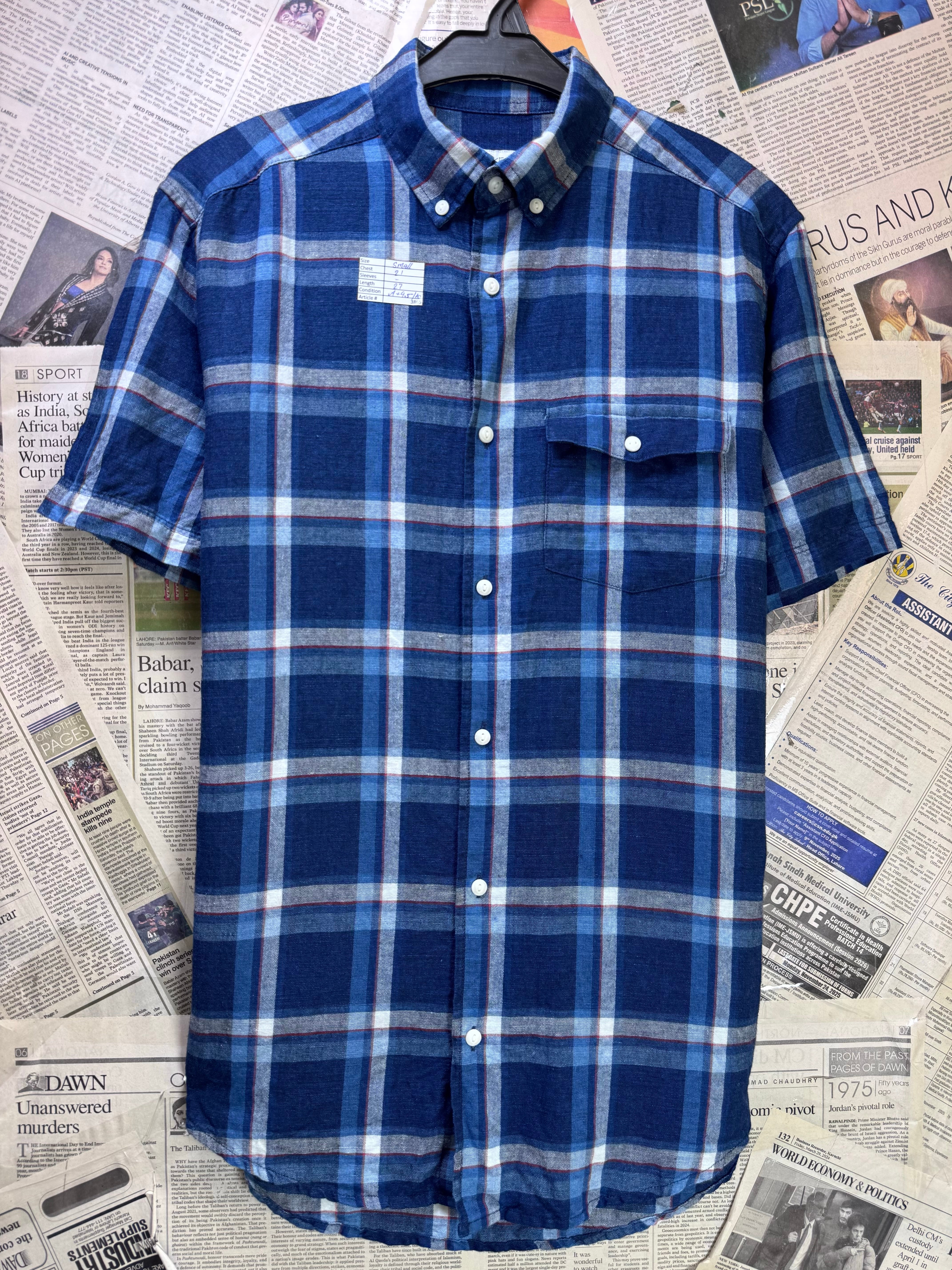 Next® Small | Chest: 21" | Blue Plaid | Shirt | Linen - Cotton | 3865 - Genuine Maal