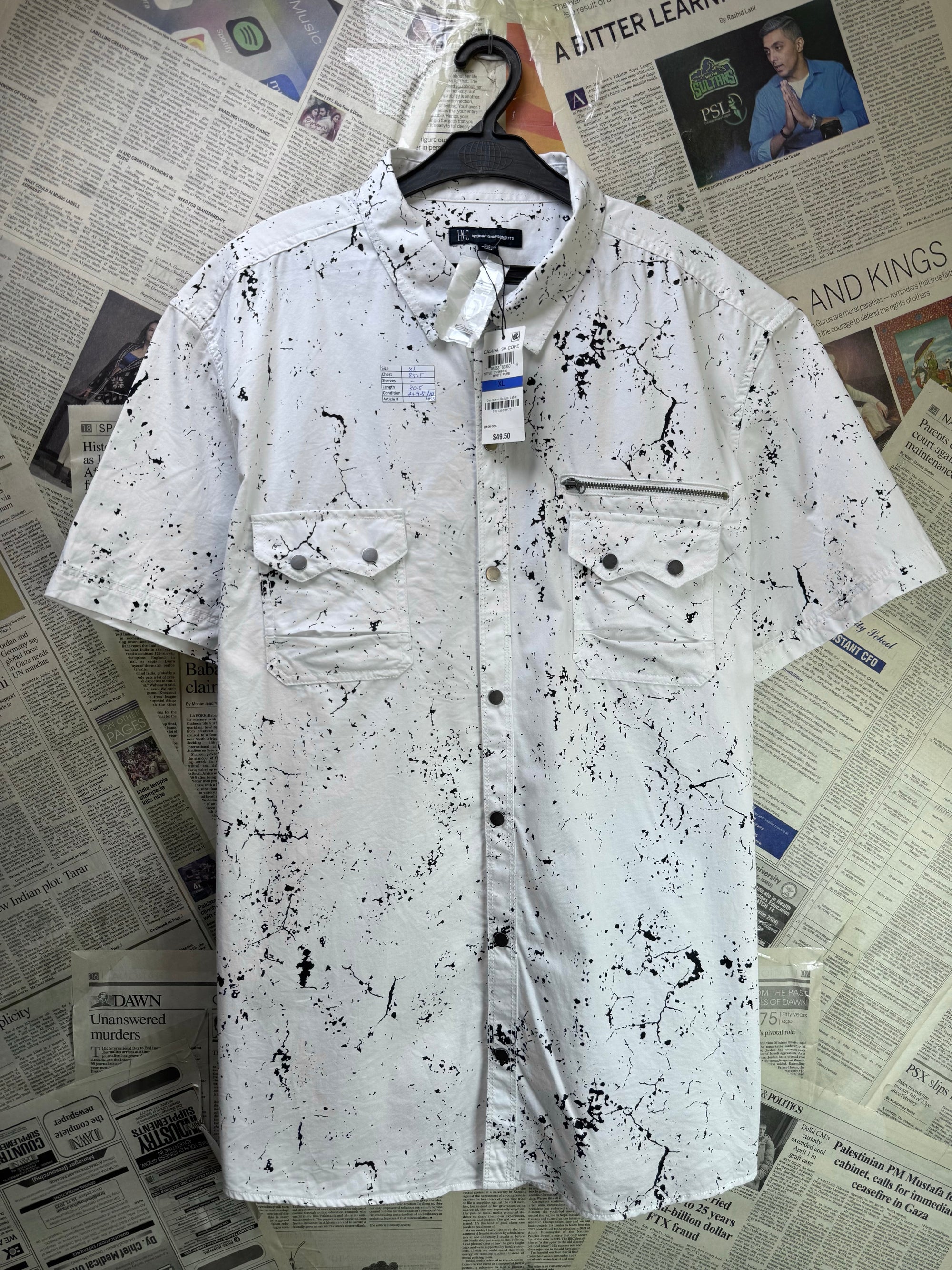 INC® XL | Chest: 25.5" | White with Art Print | Camp Shirt | Cotton | 4055 - Genuine Maal