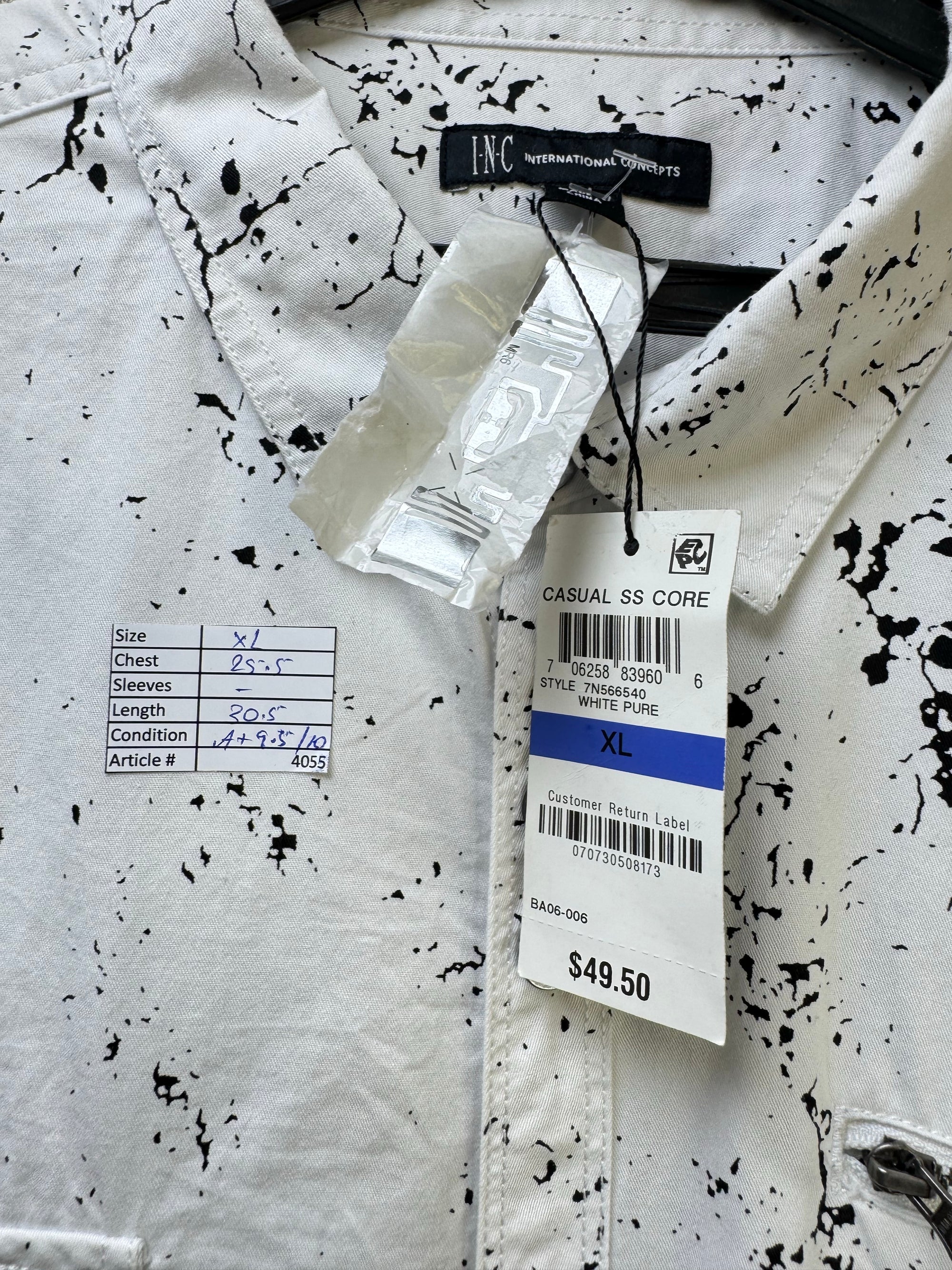 INC® XL | Chest: 25.5" | White with Art Print | Camp Shirt | Cotton | 4055 - Genuine Maal