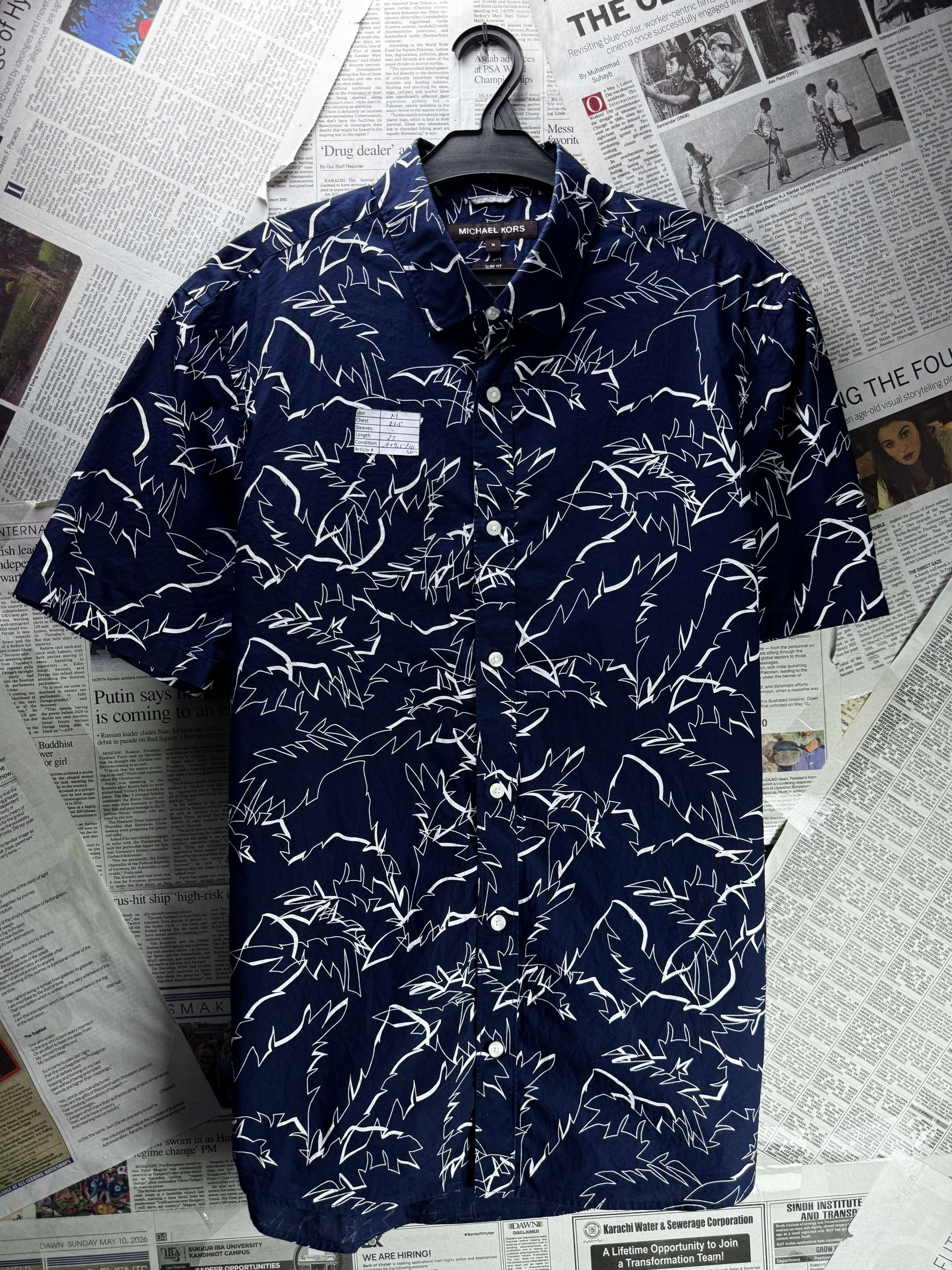 Michael Kors® Medium | Chest: 21.5" | Blue Tropical | Slim Fit Camp Shirts | Cotton | 5409 - Genuine Maal