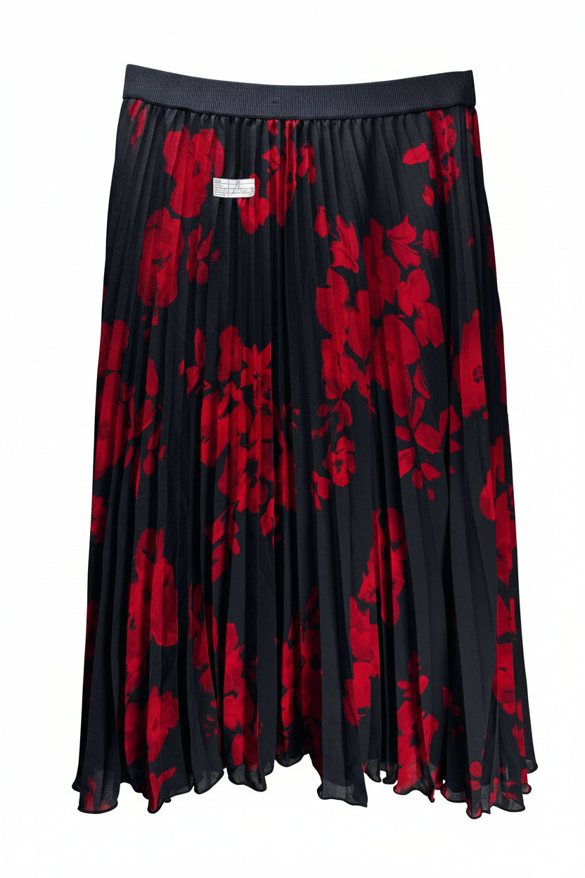 H&M® Waist: 32" | Large - Scale Floral Jet Black and Crimson Red | Midi Skirt | B7 - 3045 - Genuine Maal