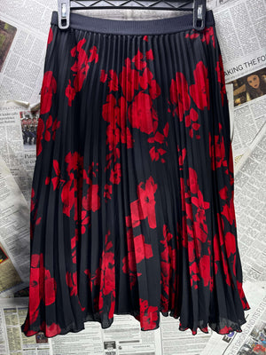 H&M® Waist: 32" | Large - Scale Floral Jet Black and Crimson Red | Midi Skirt | B7 - 3045 - Genuine Maal