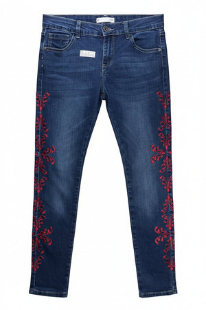 Mulaya® Waist: 28" | Embroidered Floral Blue | Denim Pants | B7 - 3050 - Genuine Maal