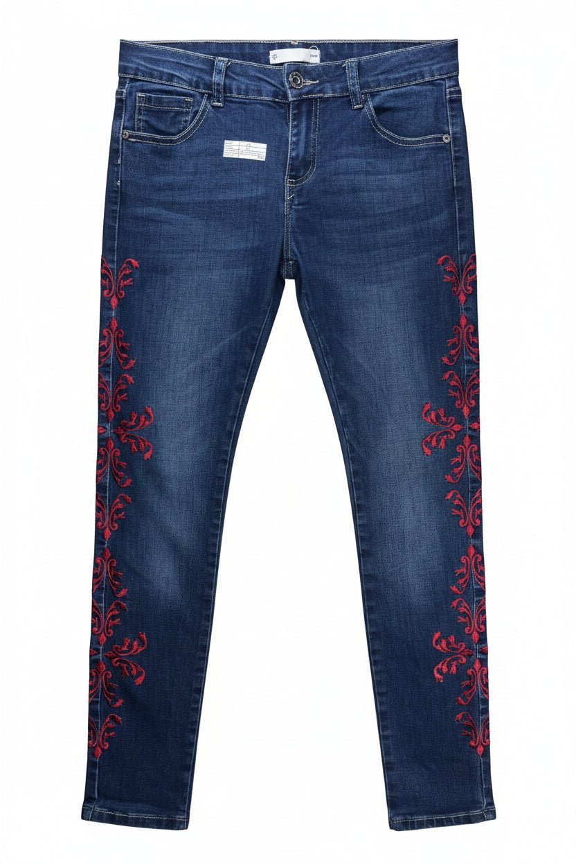 Mulaya® Waist: 28" | Embroidered Floral Blue | Denim Pants | B7 - 3050 - Genuine Maal