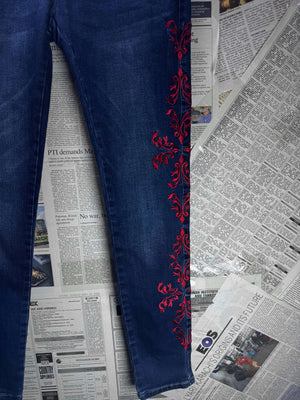 Mulaya® Waist: 28" | Embroidered Floral Blue | Denim Pants | B7 - 3050 - Genuine Maal