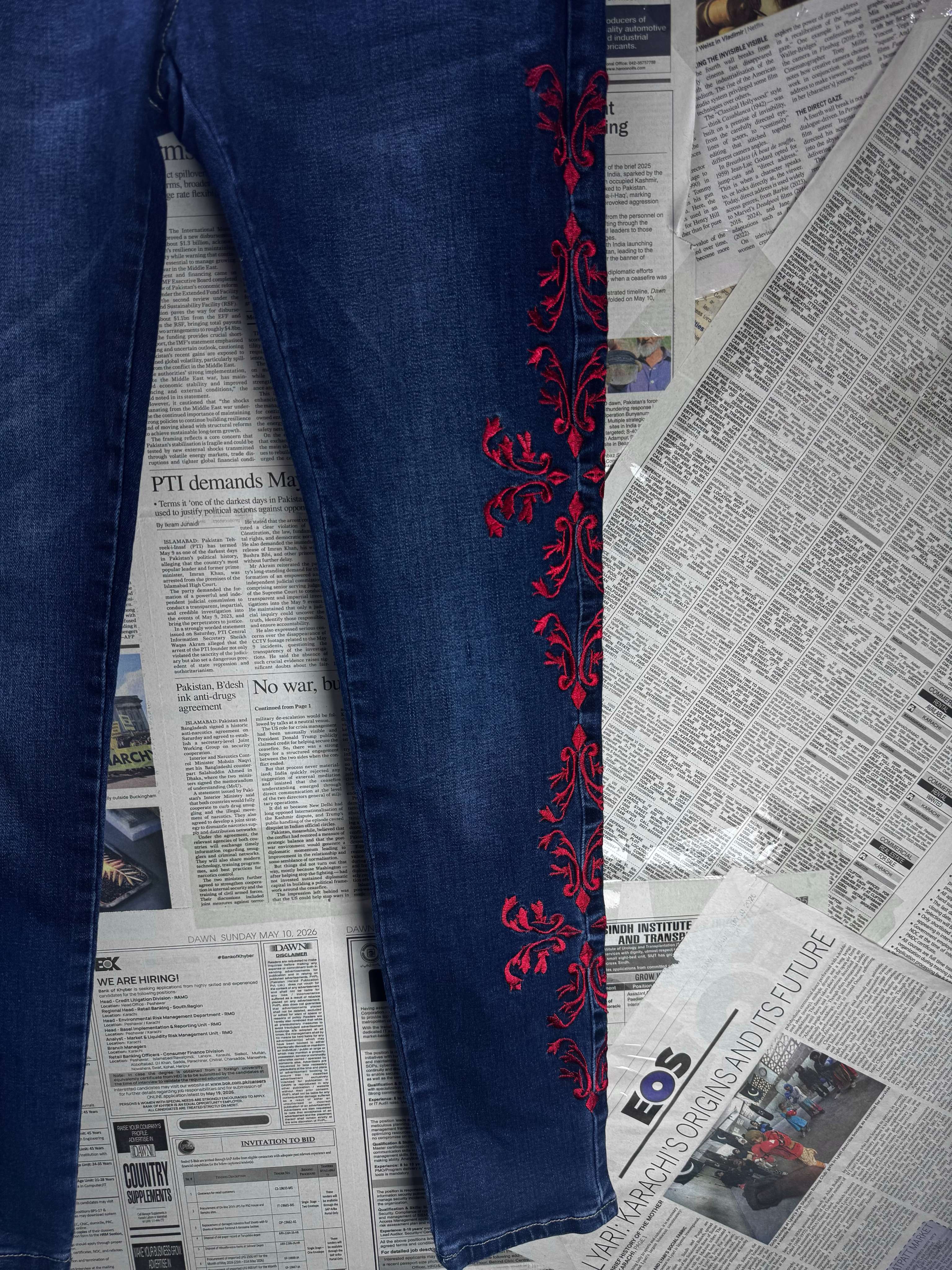 Mulaya® Waist: 28" | Embroidered Floral Blue | Denim Pants | B7 - 3050 - Genuine Maal