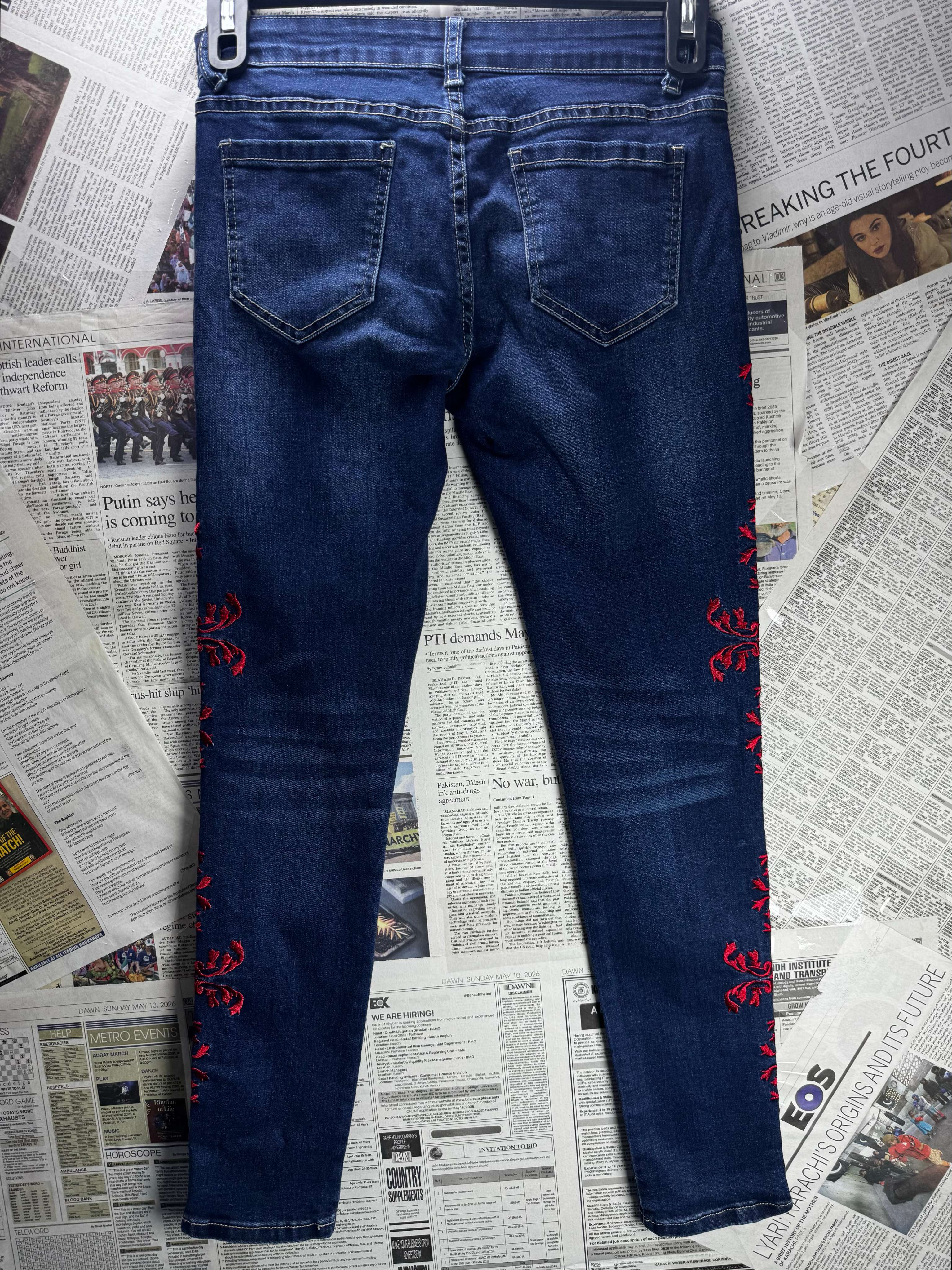 Mulaya® Waist: 28" | Embroidered Floral Blue | Denim Pants | B7 - 3050 - Genuine Maal